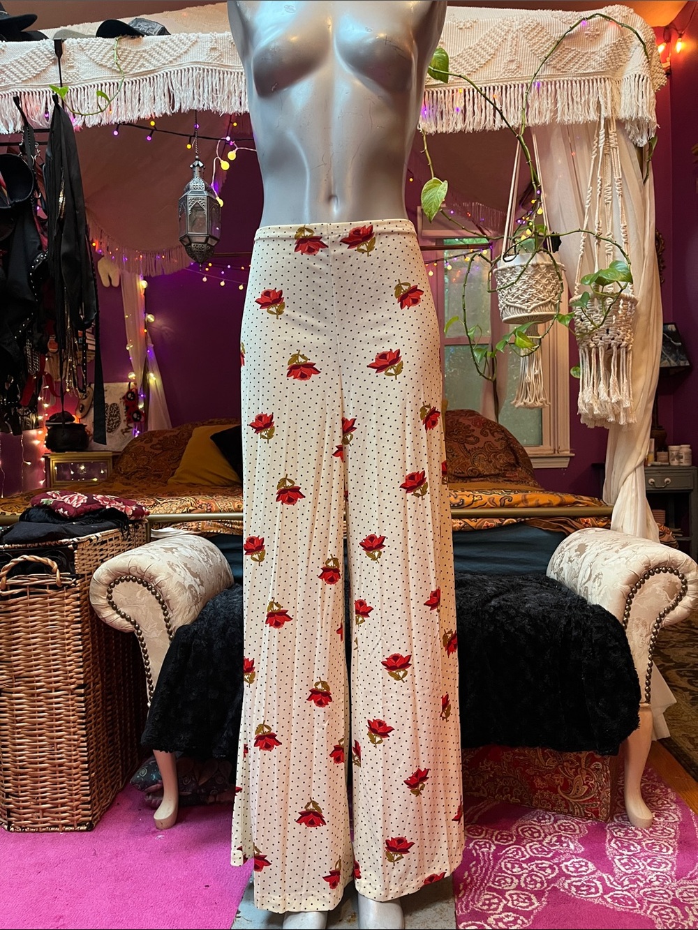 Vintage floral polka dot wide leg flowy pants